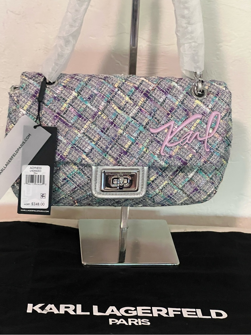 NWT- Karl Lagerfeld Agyness Purple/Silver Tweed Shoulder Bag with Front Logo